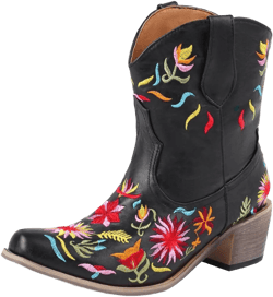 KiutSymo Womens Cute Embroidered Cowgirl Boots Mid Calf Square Toe Chunky Heels Western Work Boots 9.5 A-black