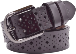 Hollow Leather Belts for Women, Soft Leather Womens Belts with Pin Buckle 1.3inch Wide Coffee