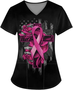 FONMA Breast Cancer Scrub Tops,Breast Cancer Awareness Scrub Tops for Women 2025 V Neck Short Sleeve Cute Ribbon Prints Mock Wrap Workwear Blouse: Clothing, Shoes & Jewelry
