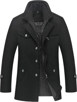 chouyatou Men's Gentle Layered Collar Single Breasted Quilted Lined Wool Blend Pea Coats XX-Large Black