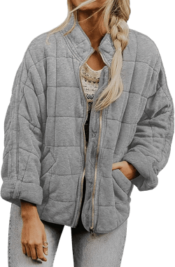 Women's Quilted Lightweight Jackets Casual Puffer Jacket Warm Winter Bomber Coats Oversized Zip Up Outerwear Pockets Medium Gray