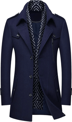 PRIJOUHE Men's Wool Blend Jacket Single Breasted Slim Fit Thick Winter Windproof Pea Coat with Removable Scarf X-Large Navy