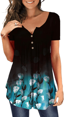 MAYAMANG Women's Floral Tunic Tops Casual Blouse V Neck Short Sleeve Buttons Up T-Shirts Black+floral Blue X-Large