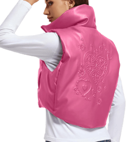 Womens Cropped Puffer Vest Faux Leather Winter Warm Padded Vest Lightweight Sleeveless Outerwear Gilet Pink Red Leather Medium