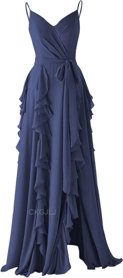Spaghetti Strap Chiffon Bridesmaid Dress with Slit Ruffle Formal Dresses for Women Party Evening Gown Maxi Gowns 10 Stormy Blue