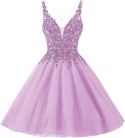 Glitter Tulle Homecoming Dresses Short Lace Applique Prom Dresses for Teens Beaded Mini Party Dresses, Lavender, Size 0 : Clothing, Shoes & Jewelry