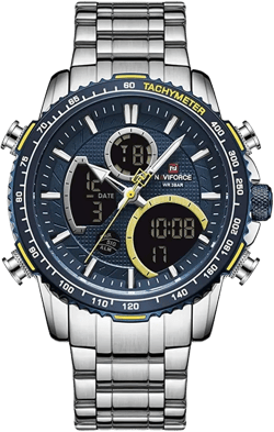 NAVIFORCE Mens Analog Digital Watch Chronograph Waterproof Sport Quartz Watches Business Fashion Stainless Steel Military Multifunctional Wristwatch SILVER