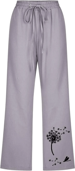 Ceboyel Women Linen Summer Pants Dandelion Pattern Capri Pants Drawstring Cropped Pants High Waist Beach Trouser 2023 J014-gray 3X-Large