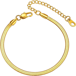 ChainsHouse Stainless Steel Herringbone Flat Chain Bracelets for Women,18K Gold/Rose Gold/Black Metal Paperclip/Snake/Cuban/Figaro Sterling Silver Link Charm Bracelet, 16+5cm Adjustable, With Gift Box f. herringbone-gold-3mm