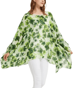 Wiiiwish Women's Loose Solid Long Batwing Sheer Chiffon Caftan Wrap Poncho Tunic Top Topper #Green Flowers