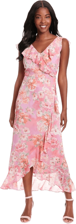 London Times Women's Chiffon Faux Wrap Ruffle Maxi Dress Guest of Wedding 6 Petite Sunrise Floral - Pink