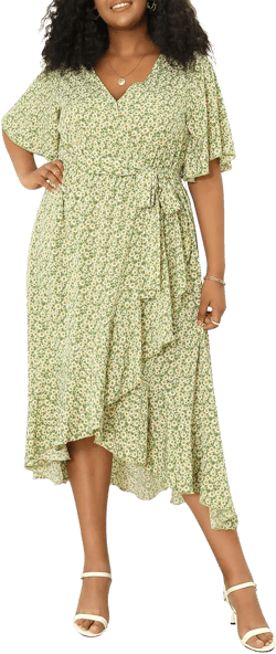Keluummi Plus Size Wedding Guest Maxi Dress for Curvy Women, Summer Casual Boho Floral Long Wrap Dress with Sleeve and Pocket 16 Plus 14 - Light Green Floral