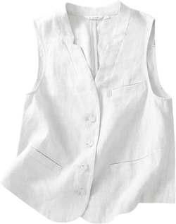 Mywinway Linen Vest Women 2025 Lightweight Sleeveless Blazer Spring Cardigan Summer Outerwear Jackets tops Medium White