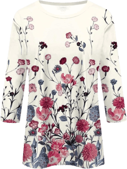 3/4 Sleeve Womens Tops Floral Print Loose Fit Blouse Plus Size Casual Tunic Tops Soft Stretch for Summer Beach & Office 06-beige X-Large