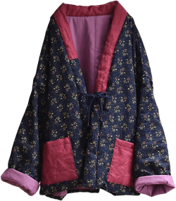 NFYM Women Chinese Ethnic Northeast Large Flower Quilted Jacket Patchwork Open Front Soft Cotton Padded Outwear One Size Navy Red