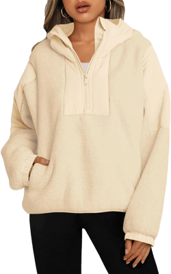 Panadila Womens Half Zip Pullover with Pockets Sherpa Hoodie Oversized Hooded Sweatshirt Warm Fleece Jackets X-Large Beige