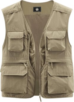 LOUECHY Men's Fishing Vest Lightweight Safari Travel Vest Utility Cargo Vest with Multi Pockets X-Large Khaki