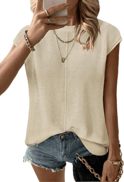 Zeagoo Women's Cap Sleeve Sweater Vest Crew Neck Sleeveless Casual Knit Tops 2024 Summer Clothes S-XXL Cream Medium