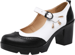Women's Leather Chunky Mid-Heel Mary Jane Shoes with Adjustable Metal Buckle Classic Closed Round Toe Comfortable Dress Wedding Pump Shoes 7 Black White