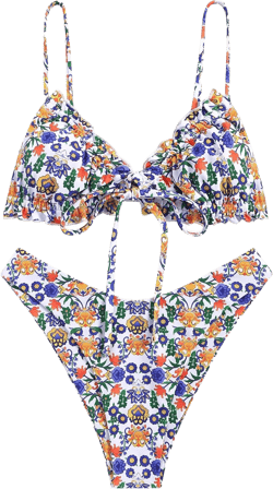 ZAFUL Women's Ditsy Floral Printed Swimsuit Knotted String Triangle Bikini Cheeky Bikini Set (Yellow XL)