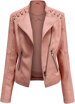 Womens Ladies Faux Leather Zipper Punk PU Slim Motorcycle Biker Short Jacket Coat Large Pink
