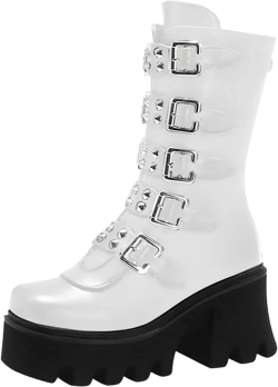 YIYA Black Platform Goth Boots for Women Studded Wide Mid Calf Combat Punk Boots Round Toe Buckle Chunky Heel Back Zipper Thick Sole Ankle Booties 8 1 White