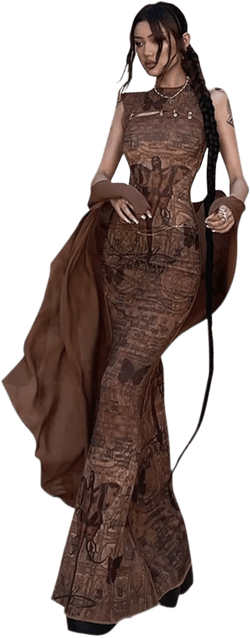 Cyber Goth Desert Walker Hooded Dresses Y2k Punk Grunge Hollow Out Midi Dress Women Sexy Split Side Solid Streetwear Brown05 Medium