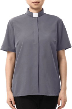 Women's Clergy Shirt Tab Collar Short Sleeve Cotton Blended Stretch Blouse Small Grey