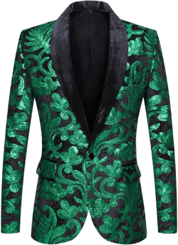 Men Fashion Velvet Sequins Floral Pattern Suit Jacket Blazer X-Large Green