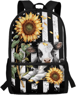 POLERO Patriotic Backpack American Flag Sunflower Cow Backpacks for Women Teen Girls School Bookbag Travel Daypack Usa Flag Sunflower Cow