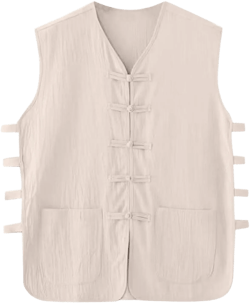 Mens Chinese Kung Fu Shirt Sleeveless Cotton Linen Vest Frog Button Tai-Chi Training Clothes Cardigan with Pockets Beige X-Large