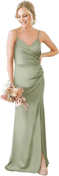 Fivsole Satin Long Bridesmaid Dresses Formal Wedding Guest Dress 2024 Ruched with Slit Formal Evening Gown for Women 2 Sage Green