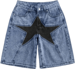 SHENHE Women's Star Print Low Rise Denim Shorts Y2k Punk Bermuda Jean Shorts with Pockets Blue Small