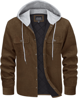 EKLENTSON Men's Corduroy Jacket Quilted Lined Padded Hoodies Winter Warm Cotton Coat Casual Button Down Jacket 5 Pockets Large Brown