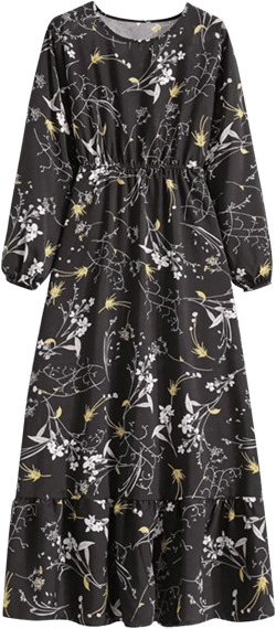 Women's Fall Wedding Guest Dresses Fashion Casual Printed Broken Flower Waist Bow Long Sleeve Dress, S-XL