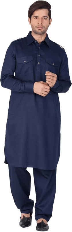Elina fashion Men's Tunic Cotton Pathani Style Set Indian Pakistani Traditional Wear Navy Blue Small