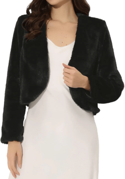 Allegra K Cropped Jacket for Women's Faux Fur with Pockets Long Sleeve Open Front Wedding Bolero Gowns Coat X-Large Black