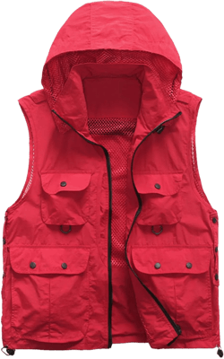 Mens Hooded Vest Casual Outdoor Work Safari Fishing Travel Photo Cargo Jacket Sleeveless Lightweight Vest Multi-Pockets X-Large Red