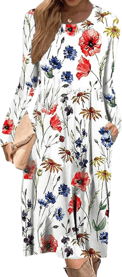 Women's Boho Floral Print Long Sleeve Tshirt Dress Bohemian Casual Loose Swing Midi Tunic Dresses with Pockets