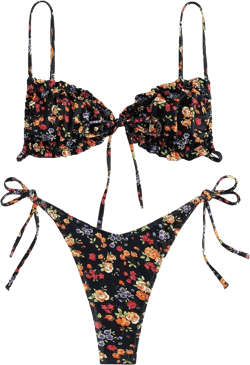 WDIRARA Women's Floral Print Tie Side Swimwear Straps Bikini Sets Swimsuits Black Frill M