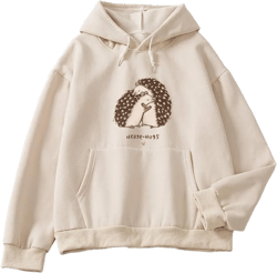 KEEVICI Women Hoodies Cartoon Cute Hedgehog Pattern Pocket Casual Cotton Sweatshirt X-Large Apricot