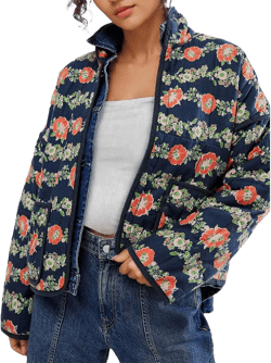 Omoone Women's Cropped Quilted Jacket Floral Printed LightWeight Padded Puffer Cardigan Coat Outwear X-Small Dark Blue
