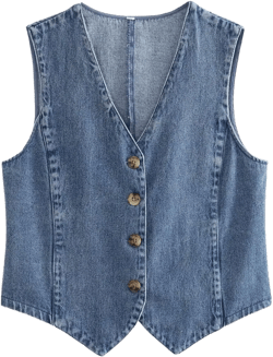 Women' s Vintage Emo Denim Vest Y2k Classic Cropped Buttoned Jean Jacket Downtown Girls Gothic Sleeveless Clothes Large Blue