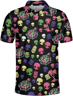 Polo Shirts for Men Aloha Shirt Mens Polo Shirts Short Sleeve Button Up Shirt Men Golf Shirts Alien Tiki 4X-Large