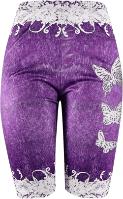 Burband Womens Stretchy Bermuda Shorts Jeans Fake Denim Leggings High Waist Butterfly Printed Jeggings Plus Size Biker Short Purple, 3X-Large