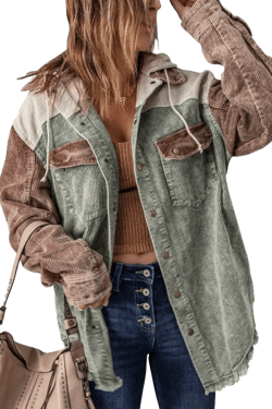 chouyatou Women's Casual Corduroy Open Front Hooded Color Block Shirts Shackets Jacket Large Green