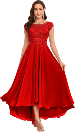 Tea Length Mother of The Bride Dresses for Women Wedding Cap Sleeves Lace Foral Formal Dress with Pockets 16 Plus Red