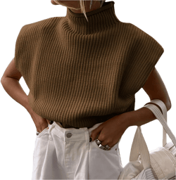 Women Shoulder Pad Sweater Top Sleeveless Turtleneck Pullover Vest Wide Shoulder Knitted Jumper Top Medium C Brown