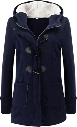 Womens Warm Coat Horn Button Jackets Fleece Duffle Coat Solid Color Zip Up Hooded Outwear Vintage Casual Outerwear XX-Large Dark Blue