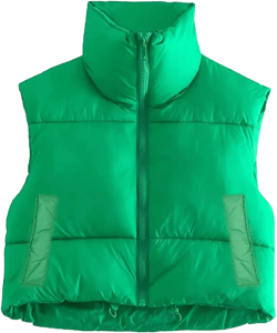 Thopavenoir Women CasualCropped Puffer Vest Zip Up Sleeveless Cotton-Padded Top with Side Pockets Stand Neck Jacket Outerwear Green Small